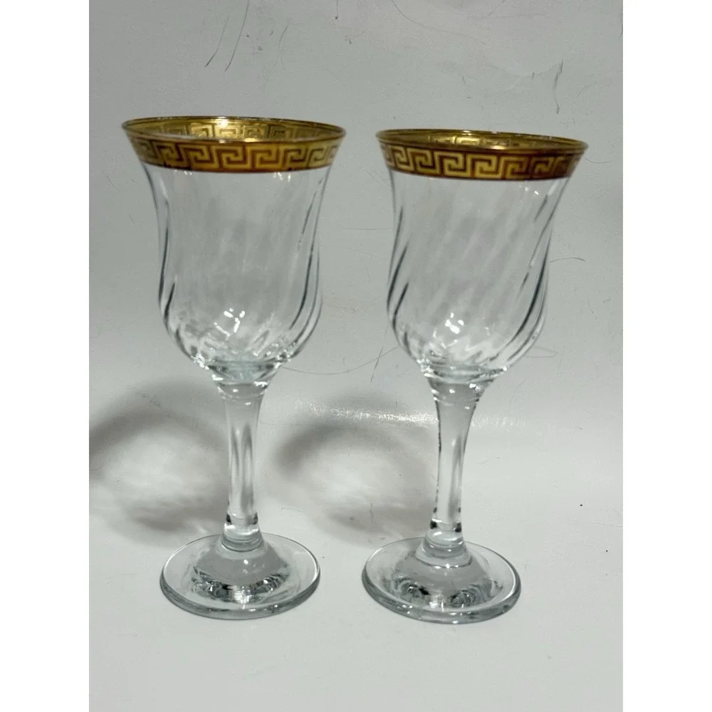 Vintage Gold Greek Key Wine Glasses Set‎ of 2 Optic Swirl Bowl Elegant Barware